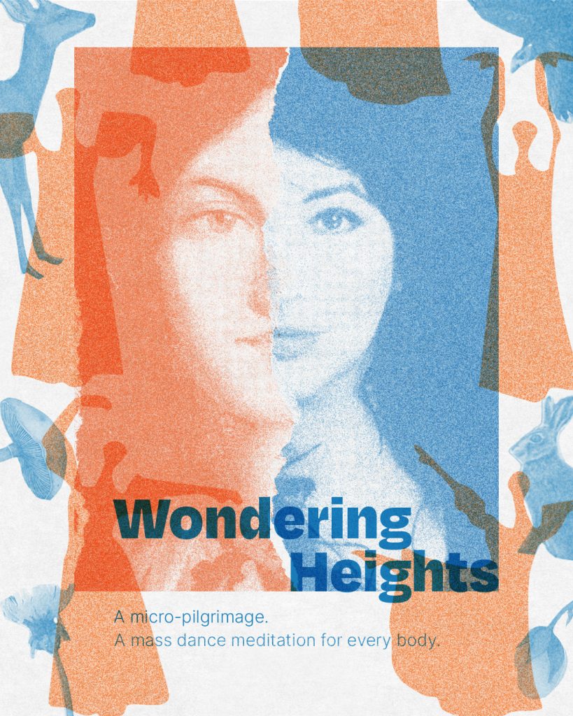 Image description: A riso print collage in blue and orange made from half of the faces of Emily Brontë and Kate Bush looking straight at the viewer.