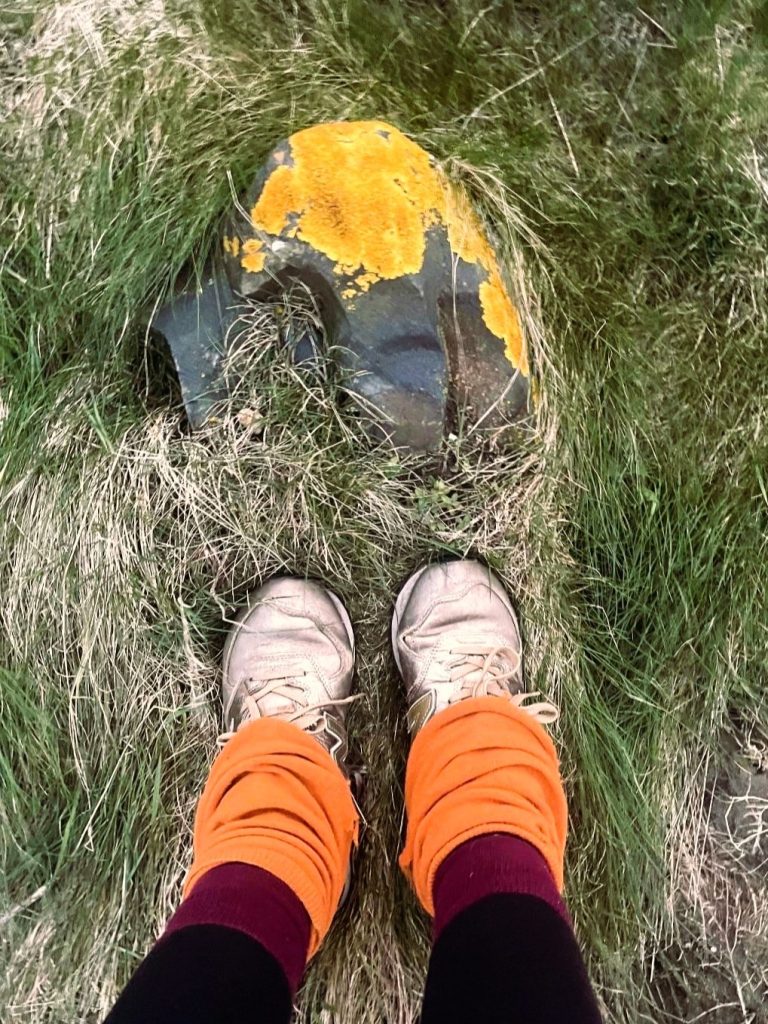 Lucy’s feet in gold trainers & orange leg warmers next to a grey rock with bright yellow lichen sitting in long, dry grass.